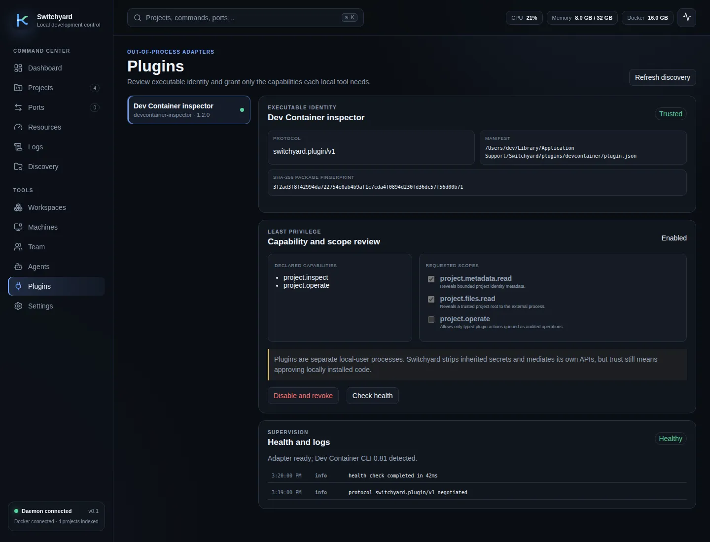 Envarium product view demonstrating capability-scoped plugins.