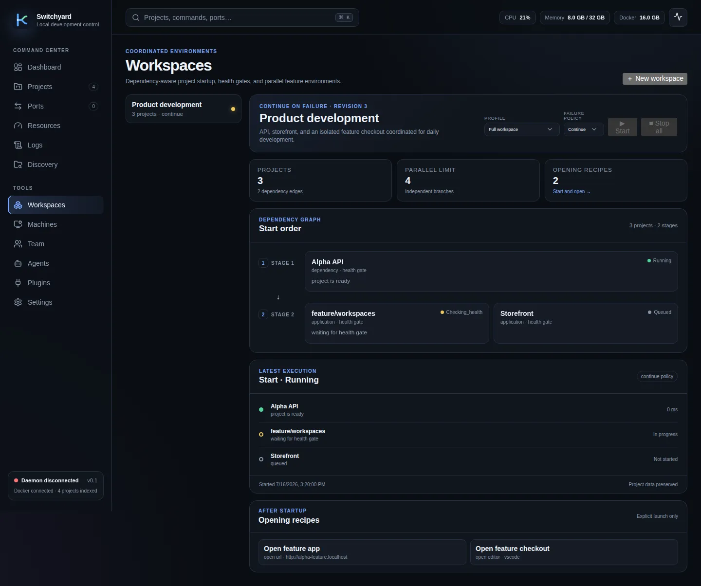 Envarium product view demonstrating workspaces and worktrees.
